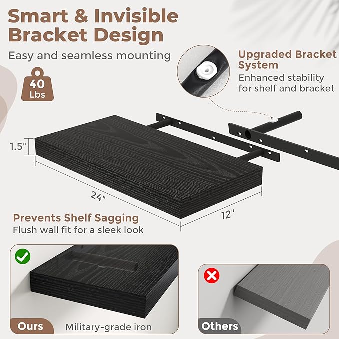 24 Inch Floating Shelves for Wall Set of 2, 12"D Wood Grain Bathroom Shelves with Invisible Brackets, Easy Install Engineered Wood Storage Shelves for Kitchen, Living Room, Bedroom, Black Finish
