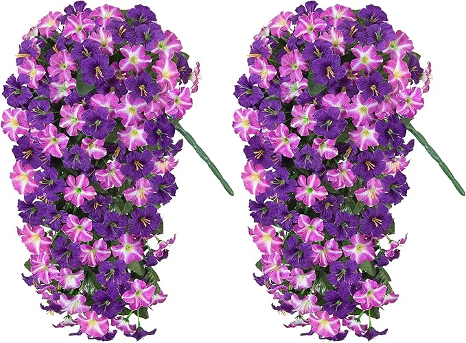 HyeFlora Artificial Flowers for Outdoors, 2pcs Faux Hanging Morning Glory Silk Fake Flowers Lifelike Artificial Plants UV Resistant Flowers for Outside Planter Patio Garden Porch Decor (Purple)