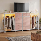 OLIXIS 6 Storage for Bedroom with Hanging Rack with LED Lights & Charging Station, Fabric Chest of Storage with Rack, Wooden Top, for Home Living Room Entryway Pink