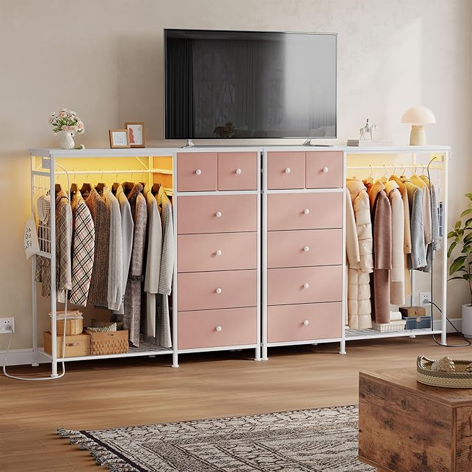OLIXIS 6 Storage for Bedroom with Hanging Rack with LED Lights & Charging Station, Fabric Chest of Storage with Rack, Wooden Top, for Home Living Room Entryway Pink