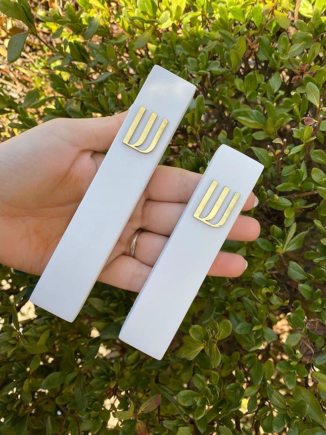 A&S Mezuzot Modern Concrete Mezuzah Case with Scroll, Easy Peel and Stick Mezuza (Ivory+ Gold Shin, 6 Inches)