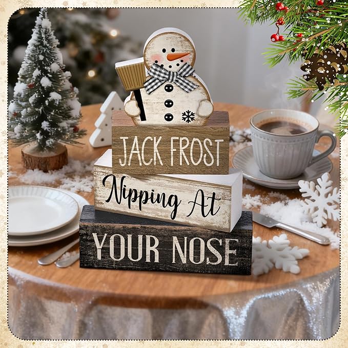 Moucuny 4 Pcs Winter Table Decor Wooden Snowman Black and White Winter Tiered Tray Decor Rustic Decorative Snowman Block Sign Gifts Christmas Centerpiece Rustic Christmas Decorations for Home Kitchen