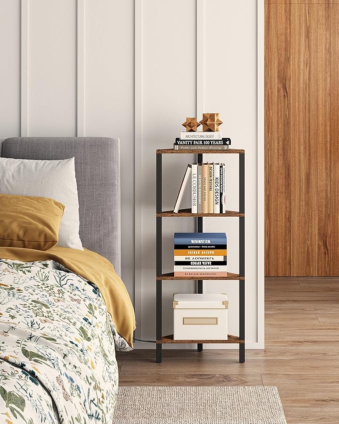 TUTOTAK Corner Shelf, 4-Tier Corner Bookshelf for Small Space, Narrow Display Corner Shelf Stand with Storage Rack, for Living Room, Bedroom, Rustic Brown BS05BB004L