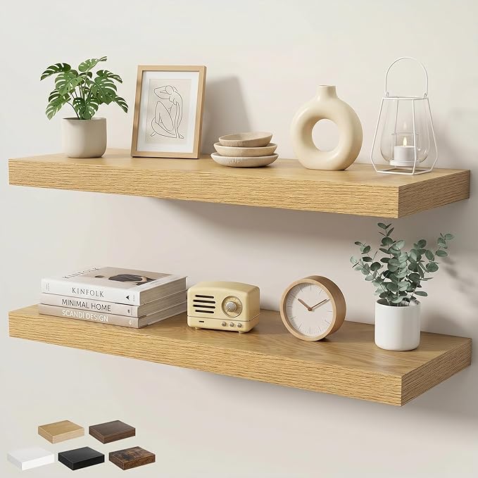 Floating Shelves for Wall 36 in x 9.3 in Deep, Wall Mounted Rustic Wood Shelf with Invisible Brackets for Storage & Display, Living Room Bedroom Bathroom, Oak, 2 Pack