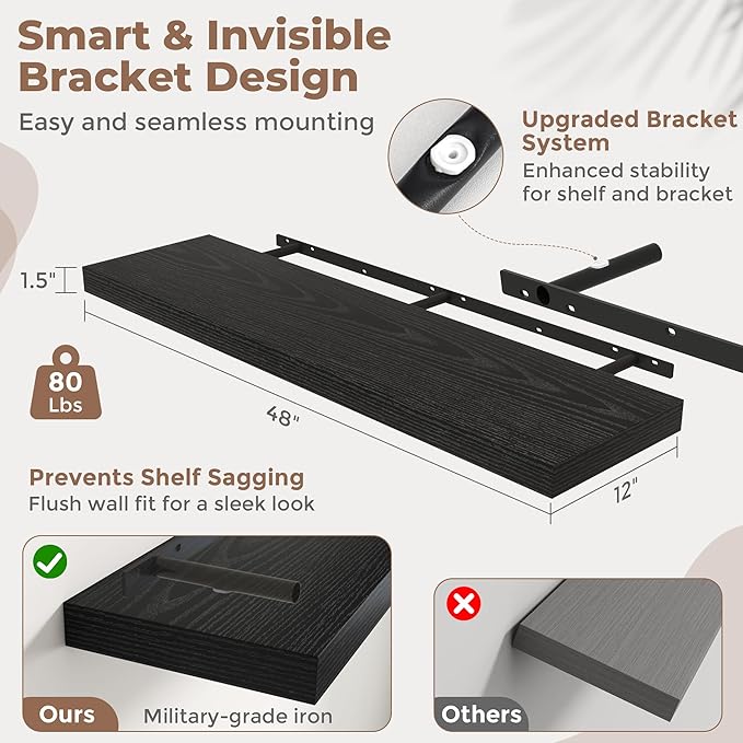 48 Inch Long Floating Shelves for Wall Set of 2, 12"D Wood Grain Bathroom Shelves with Invisible Brackets, Easy Install Engineered Wood Storage Shelves for Kitchen, Living Room, Bedroom, Black Finish