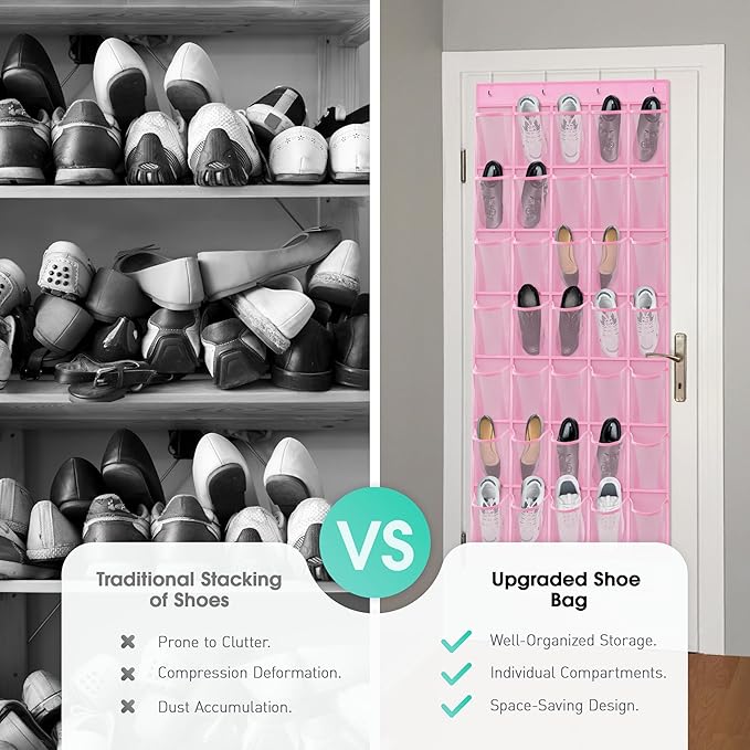 WVM Over the Door Shoe Organizer with 35 Breathable Mesh Pockets, Hanging Shoe Organizer for Door with 4 Metal Hooks, Large Capacity Closet Storage for Shoes, Accessories