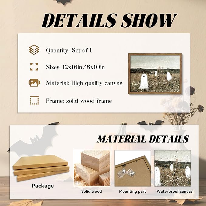 Framed Vintage Halloween Wall Art, Cute Ghost Meadow Painting, Rustic Landscape Canvas Halloween Wall Decor, Aesthetic Spooky Ghost Wall Art for Living Room Bedroom Bathroom 8x10 inch