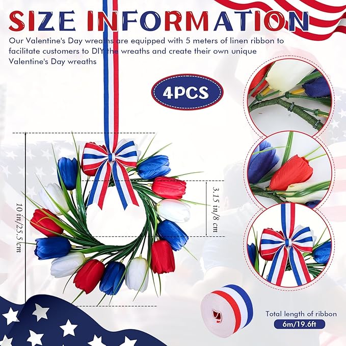 4 PCS 4th of July Hanging Wreaths for Cabinet Small Patriotic Tulip Silk Independence Day Wreaths for Front Door with Red White and Blue Flower Memorial Day Labor Day Candle Wreath for Home Wall Decor