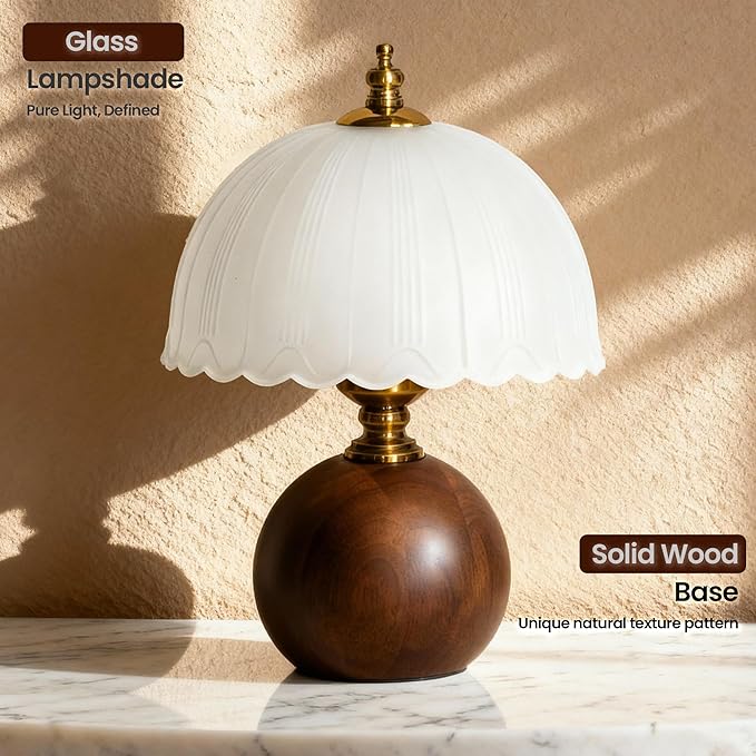 11.8“ Decorative Wooden Table Lamp with Frosted Glass Shade, Dimmable Bedside Nightstand Lamp with E26 Socket & 6ft Cord, Small Accent Lamp for Bedroom & Living Room (White)