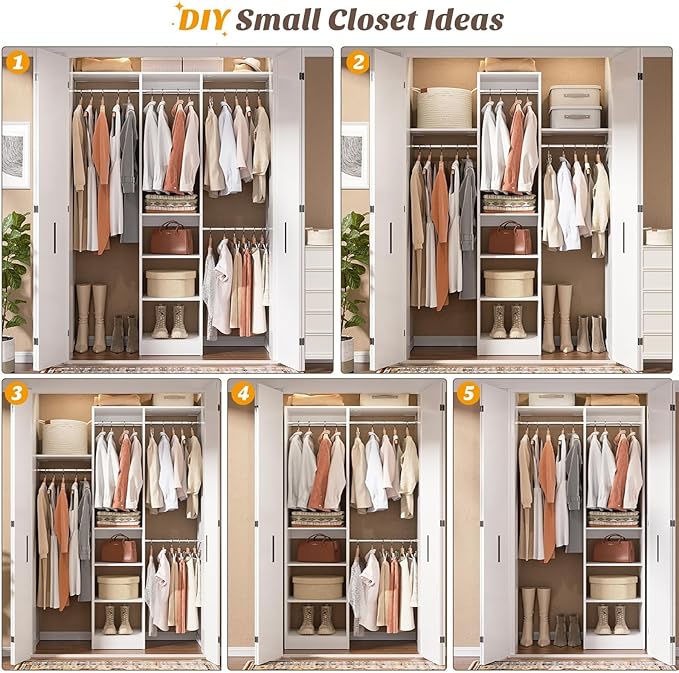 Cyclysio 4FT Small Closet System, 80"H Closet Organizer System with 4 Closets Rods & 3 Shelves, 48" Closets Organizers and Storage for Small Bedrooms, Laundry Rooms, Cloakrooms, White