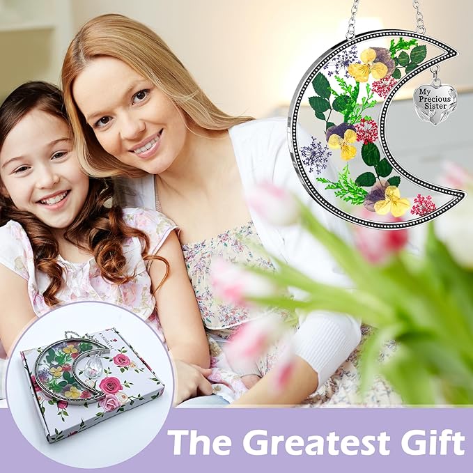 KY&BOSAM Hanging Ornament, My Precious Sister Suncatcher with Pressed Flower, Silver Heart Charm - Mother’s Day, Birthday, Christmas Gift