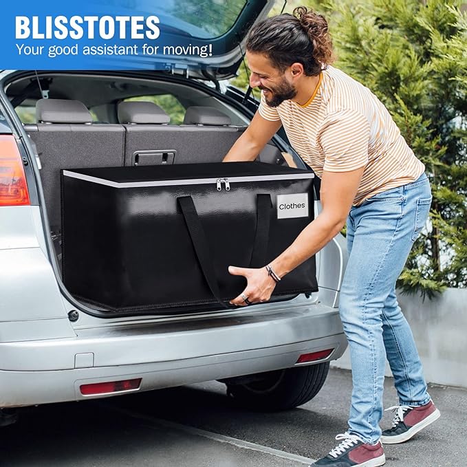 BlissTotes Moving Bags, Heavy Duty Moving Boxes with Zippers Top and Sturdy Handles, Storage Bags for Space Saving and Packing, Collapsible Moving Supplies, Storage Totes (76L, 10-Pack, Black)