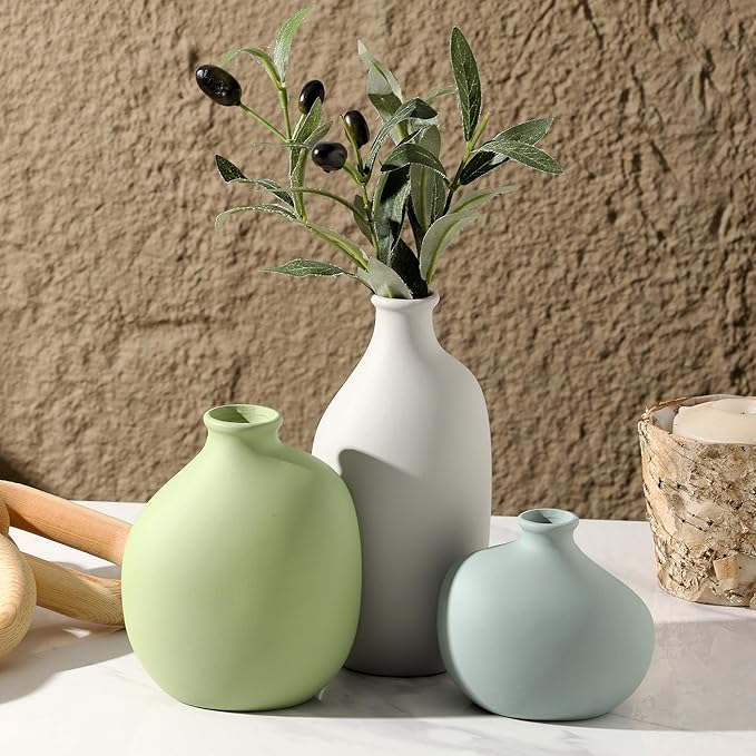 Ceramic Vase Set of 3, Small Rustic Farmhouse Pottery Vases for Home Decor, Perfect for Pampas Grass, Ideal for Living Room, Bedroom, Kitchen, Bathroom, Bookshelf, Table Centerpiece.