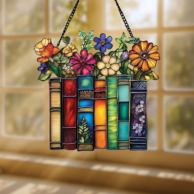 Flower and Books Acrylic Suncatcher, Book Suncatchers for Window Hangings, Bookish Gifts for Readers Book Lovers Bookworm, Gift for Mother's Day, Women, Mom, Wife, Grandma