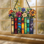 Flower and Books Acrylic Suncatcher, Book Suncatchers for Window Hangings, Bookish Gifts for Readers Book Lovers Bookworm, Gift for Mother's Day, Women, Mom, Wife, Grandma
