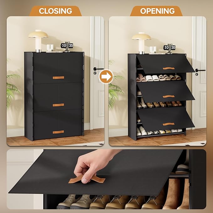 6-Tier Shoe Storage Cabinet with Hard Flip Doors, Fabric Cover, Holds 18–24 Pairs, Enclosed Dustproof Shoe Rack Organizer for Entryway, Closet & Bedroom, Shoe Shelf, Black, 27.8" x 12.0" x 41.9"
