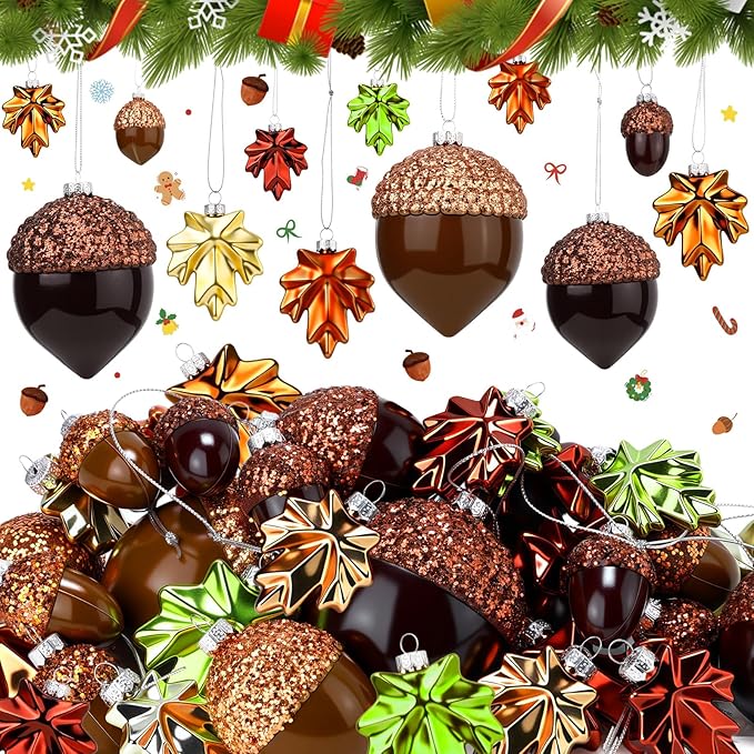Soaoo 30 Pcs Acorn Hanging Ornaments for Winter Tree Maple Leaves Plastic Hanging Pendant Small Winter Decorations for Home Table Fireplace Party Decor(Glossy Style)