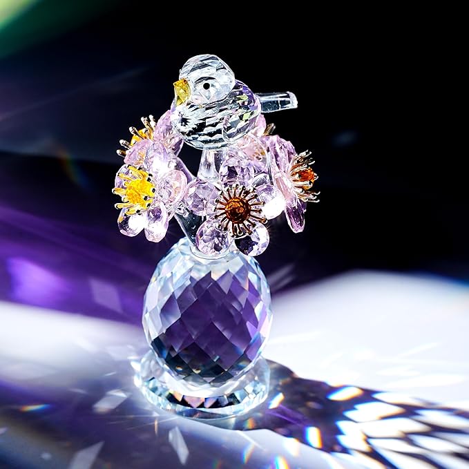 Crystal Bird & Forget-Me-Not Flower Figurine,3x4 inch Glass Flower Collectible Ornaments for Home Decor Table Centerpiece Glass Bouquet Flowers Keepsake Gifts for Women （Pink）