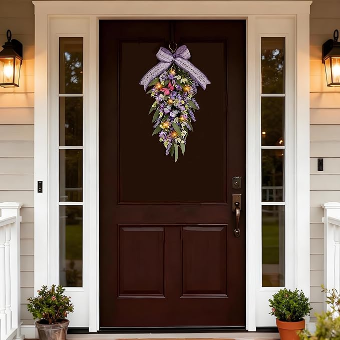 Jusdreen LED Teardrop Floral Wreath with Butterflies, Faux Lavender Hanging Decor with Lights for Farmhouse Home