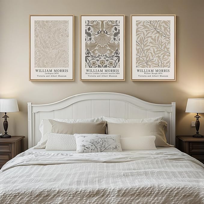 Framed Vintage William Morris Canvas Wall Art Set of 3, Large Neutral Floral Artwork Prints, Botanical Nature Aesthetic Wall Decor for Living Room, Bedroom, Hallway and Office, Total Size 30x60