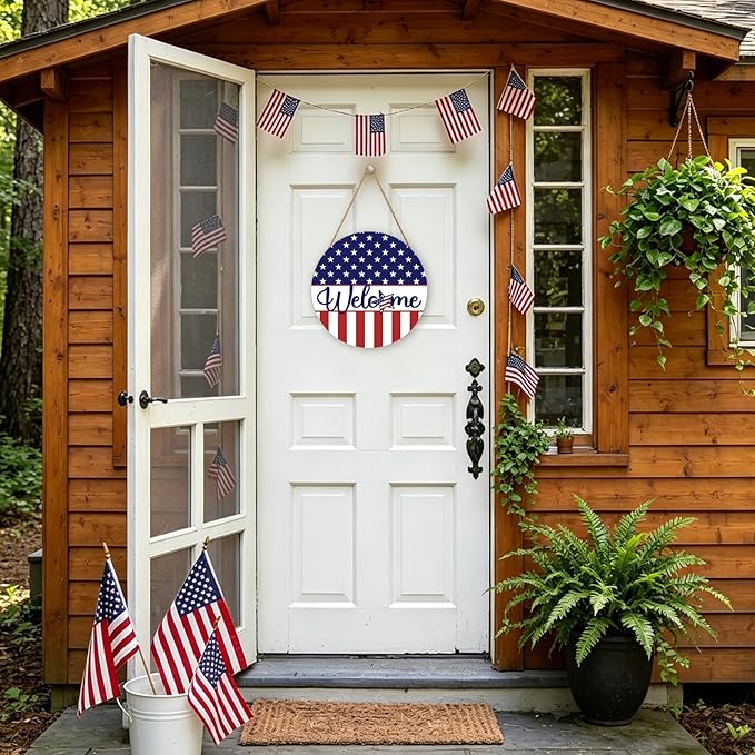 Harooni 4th of July Welcome Sign Memorial Day Door Hanger 12x12 Inch American Flag Star Wreaths for Front Door Decor American Patriotic Independence Day Hanging Sign for Home Wall Window Porch Outdoor