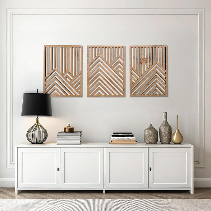 qmmp Modern Wooden Wall Sculptures - Set of 3 - Home Decor Accent - Large Wall Art for Living Room, Bedroom, Office - Easy Installation (Oak, XLarge - Mountain and Sun)