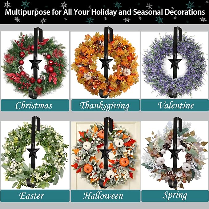 3 Pcs 15 Inch Wreath Hanger for Front Door Star Pattern Garland Hanger Over The Door Metal Door Wreath Decoration Hanger Hook for Various Festive Wreaths Hanging Towels Coats Etc (Black)