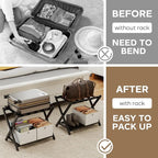 2 Pack Fully Assembled Black Luggage Racks with 4 Storage Boxes, Bamboo 26.77" Foldable Suitcase Stand for Guest Room with 5 Nylon Straps, Luggage Rack Holder with Shelf for Bedroom Hotel