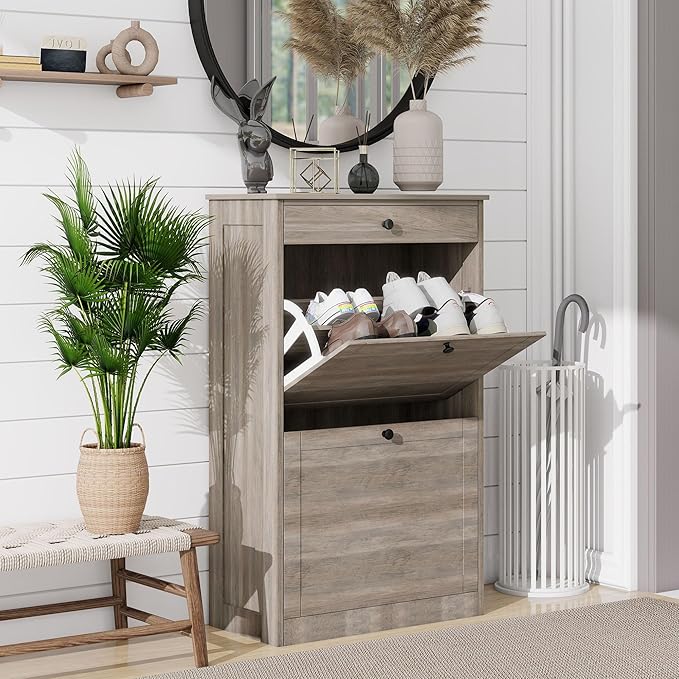 Shoe Cabinet with 2 Flip Drawers, Narrow Freestanding Shoe Storage Organizer, Slim Wooden Hidden Shoe Rack for Front Door Entrance, Closet, Hallway, Living Room, Rustic Gray
