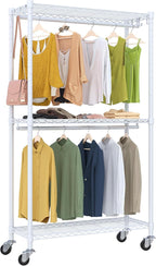 Rolling Clothing Rack for Hanging Clothes H2 Heavy Duty Garment Rack with Wheels Metal Adjustable Shelves & Double Hanging Rods Portable Closet for Bedroom, White Coat Rack
