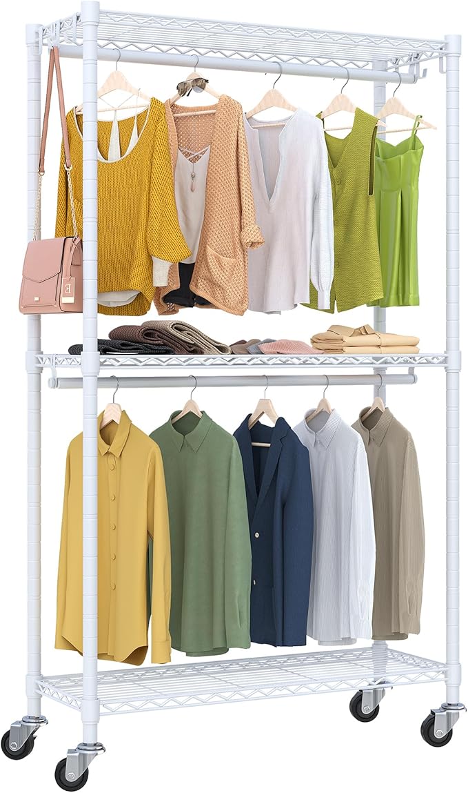 Rolling Clothing Rack for Hanging Clothes H2 Heavy Duty Garment Rack with Wheels Metal Adjustable Shelves & Double Hanging Rods Portable Closet for Bedroom, White Coat Rack