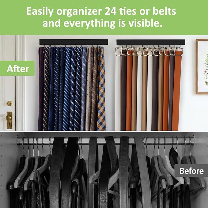 2 Pack Tie Rack Wall Mounted Belt Organizer for Men, Wooden Tie Hanger for Wall Closet with 24 Non-Slip Rotating Hooks Necktie Storage Space Saving, Black
