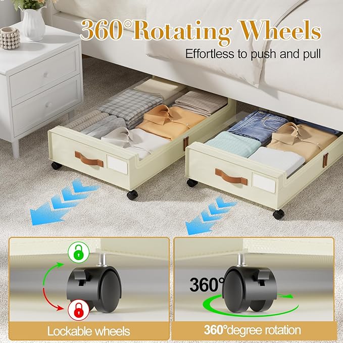 Yecaye Under Bed Storage with Wheels, 2 Pack Under the Bed Storage Containers with Lids & Label, XXL 60L Rolling Underbed Storage Drawers for Clothes, Blankets, Shoes, Beige