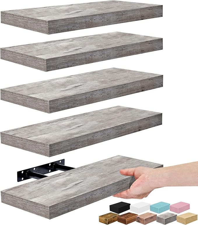 Sorbus Floating Shelves for Wall – 16 Inch Floating Shelf for Kitchen, Bedroom, Living Room, Bathroom, Home & Wall Decor - Mounted Bathroom Shelves with Invisible Brackets (Grey, 5 Pack)