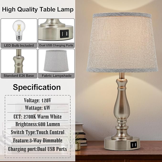 EJIAXIN Table Lamps for Bedroom Set of 2,Dimmable Touch Bedside Lamps with Dual USB A+C Ports - Nightstand Lamp for End Table Modern Night Stand Lamps for Living Room Guest Room