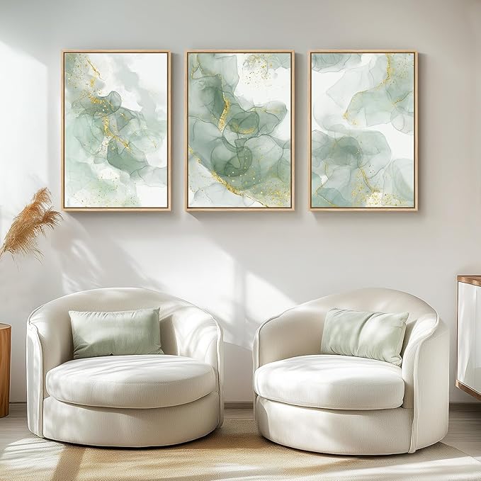 Large Framed Sage Green Abstract Wall Art, 3 Piece Modern Canvas Prints Paintings Artwork for Walls, Minimalist Green and Gold Abstract Pictures for Living Room Bedroom Dining Room Wall Decor 20x30 In