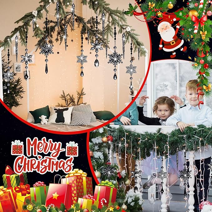 Giegxin 32 Pcs Crystal Christmas Ornaments Crystal Hanging Snowflakes Acrylic Xmas Tree Icicle Drop Decorations with Hooks for Christmas Snow Party Winter (Black)