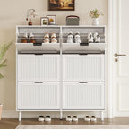 Shoe Cabinet for Entryway with 6 Flip Drawers, Slim Wooden Shoe Storage Organizer with Modern Fluted Pannel，Freestanding Narrow Hidden Shoe Rack for Hallway, Foyer, Living Room
