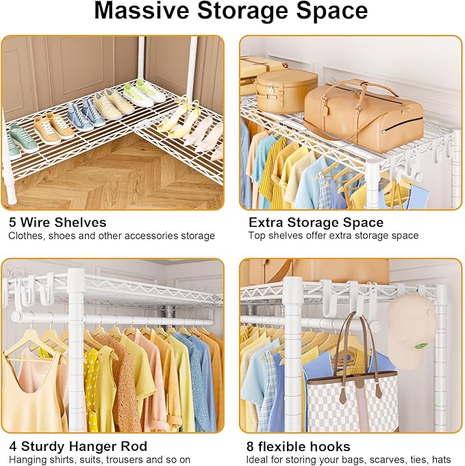 E15 Pro Garment Rack L Shaped Clothes Rack for Corner，Freestanding Clothing Racks for Hanging Clothes，Heavy Duty Closet System with 4 Hanging Rods & 8 S Hooks，48.8"W x 15.8"D x 78.4"H，White