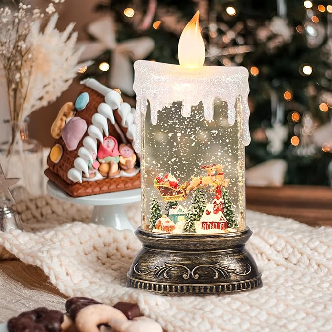 Eldnacele Christams Music Snow Globe Lantern with 6H Timer, Battery Operated & USB Powered Lighted Snowman Sleigh Deer Singing Snow Globe Candle Lamp Spinning Water Glitters Festival Gift Xmas Decor