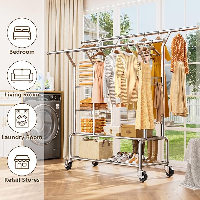 Clothes Rack With Storage Shelf, Heavy Duty Rolling Clothing Rack for Hanging Clothes, Double Rod Metal Garment Rack Load 630 LBS, Portable Wardrobe Racks with Wheels for Bedroom, Laundry Room