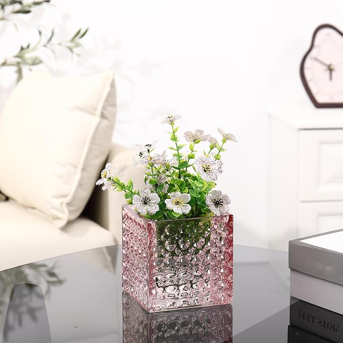 Square Vases Set of 6, 5" x 5" x 5" Square Glass Vases for Flowers, Pink Flower Vase for Centerpieces, Small Bubble Vase for Wedding, Party, Home, Office, Parties, Events