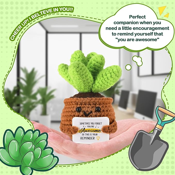 WenmthG Mini Positive Crochet Plant Doll - Funny Handmade Knitting Doll Birthday Emotional Inspirational Cheer Support Ideas Gifts for Women Girls Coworker Teacher Appreciation Gifts