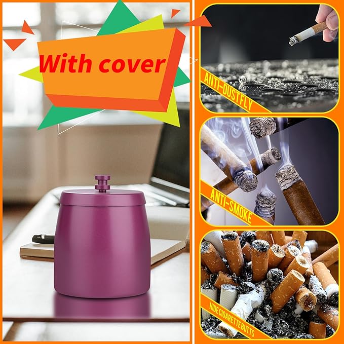 Smokeless Ashtrays For Cigarettes Indoor, Ash Tray Sets for Cigarettes Outdoor Ashtrays for Patio (Purple, Medium)