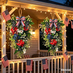2 Pack 21'' Patriotic Teardrop Swag Wreaths Artificial 4th of July Hanging Swag for Cabinets Red White Blue Floral Navy Blue Berries for Independence Day Memorial Day Front Door Porch Window Wall