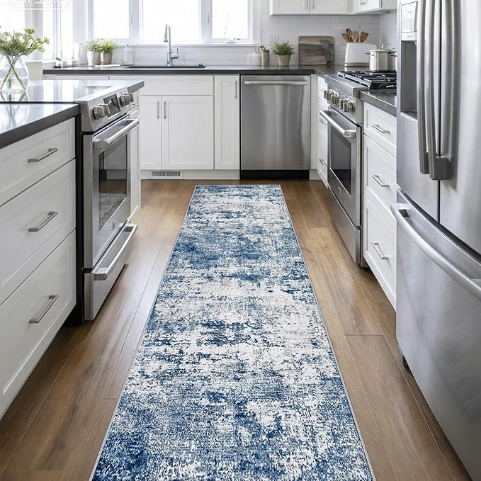 2.6'x14' Runner Rug Washable Rug: Modern Abstract Soft Thin Runner Rug Blue