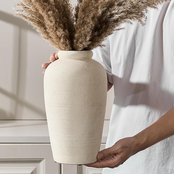 Emotionally Grounded Vase, Vaseking Large Ceramic Rustic Vase, 11 inch Minimalist Decorative Farmhouse Tall Vases for Home Decor, Living Room, Enterway, Table Decoration, White