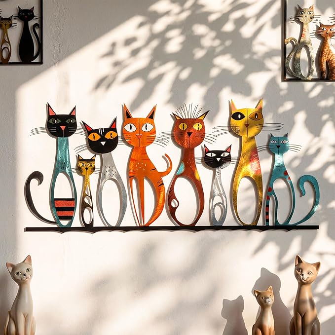 Wesiti Cat Wall Art Decor Iron Wall Sculptures Decor for Cats Lover 15.75 x 7.02 Inches Colorful Mid Century Cat Retro Signs for Home Living Room Bedroom Kitchen Office(Cute)