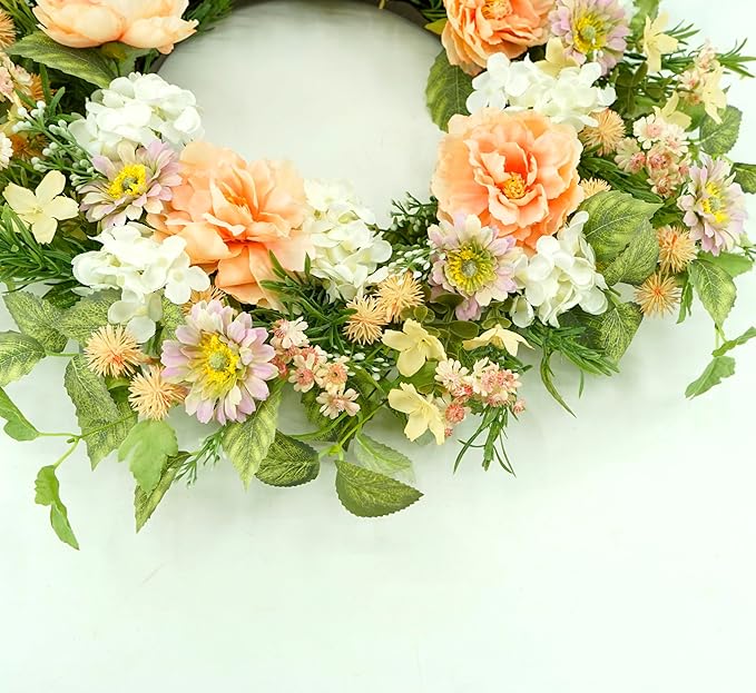 AMF0RESJ Artificial Spring Summer Wreaths for Front Door Daisy Wreath with Daisy,Hydrangea,Peony Flower for Indoor Outdoor Farmhouse Home Porch Wall Window Festival Wedding Decor