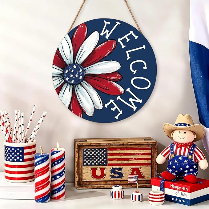 4th of July Decorations Memorial Day Door Sign 12x12 Inch American Patriotic Wood Door Hanger Independence Day Wreath Red White Blue Flower Welcome Hanging Sign for Front Porch Farmhouse Decorations